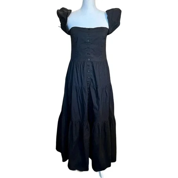 Staud Elio Cotton Poplin Off Shoulder Black Midi Dress Size 12 - Picture 3 of 9